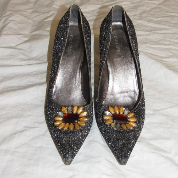 Miu Miu Black Silver Glitter Flower Stone Pointed Toe Witch Goth Heels 39 1/2 - Picture 2 of 7